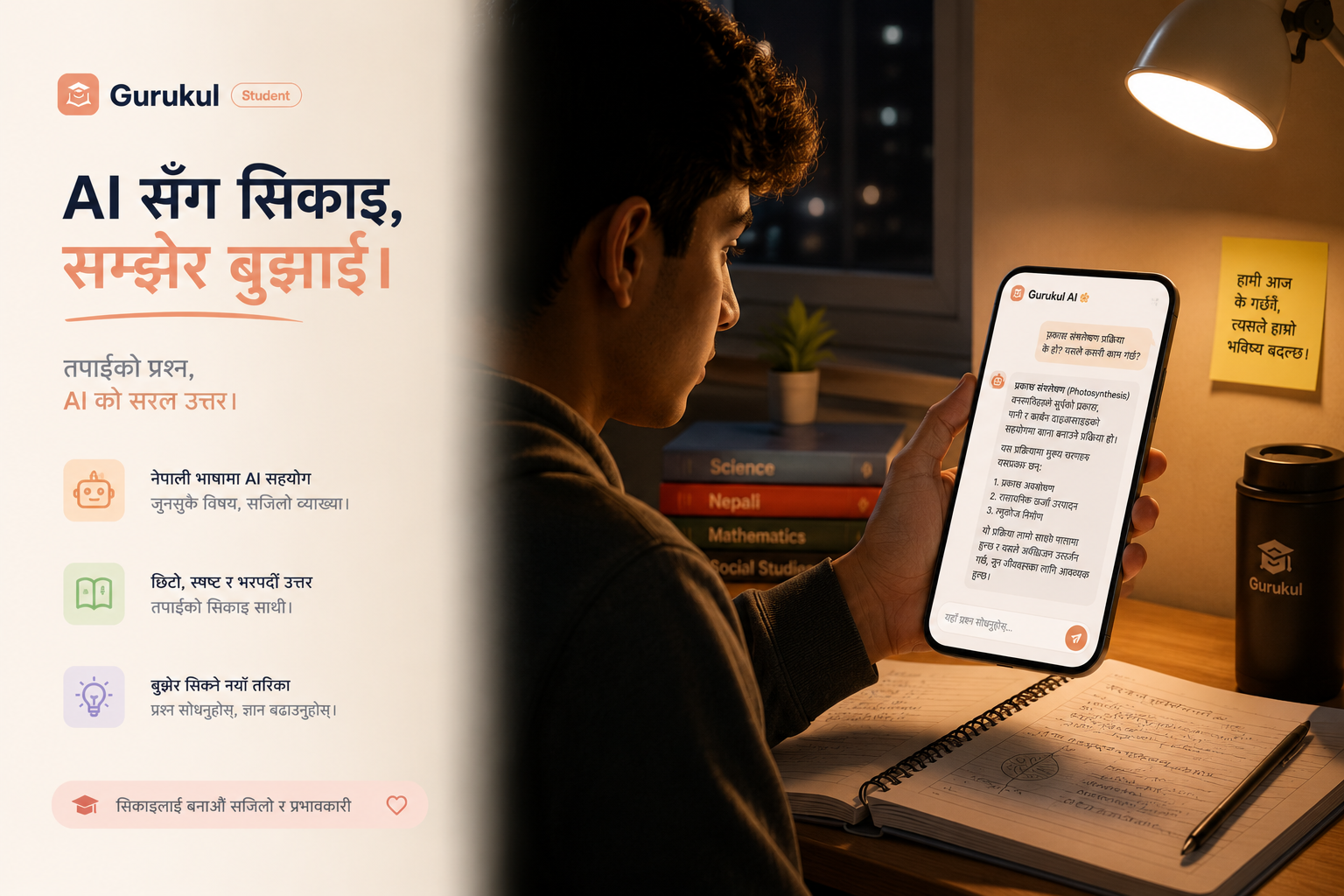 A student in Nepal at night using an AI tutor on a smartphone to get help with a difficult science question - the phone screen showing a conversation in Nepali