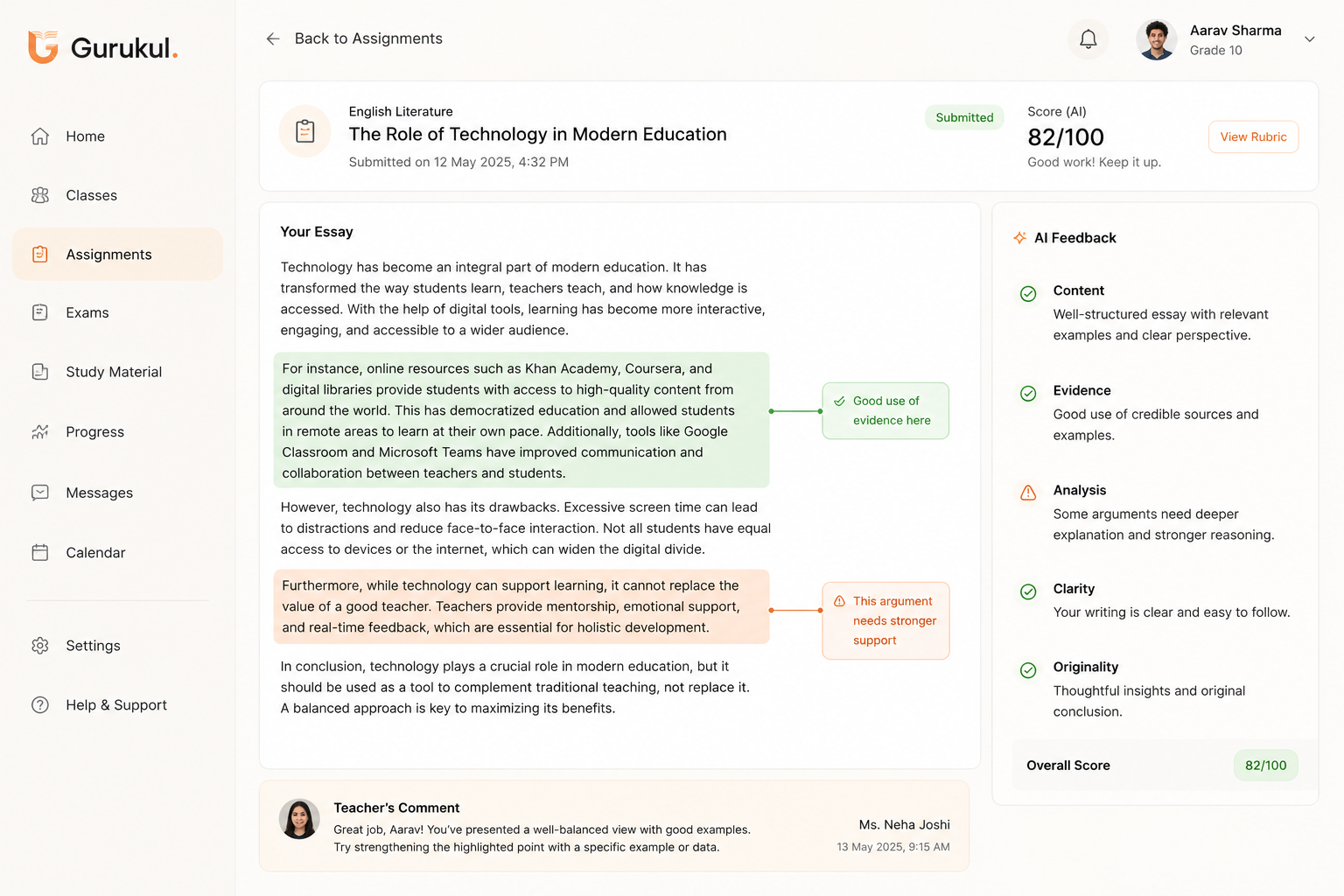 A student portal screen showing a submitted homework assignment with AI feedback highlighting specific sections - 'Good use of evidence here' and 'This argument needs stronger support' - alongside the teacher's final comment