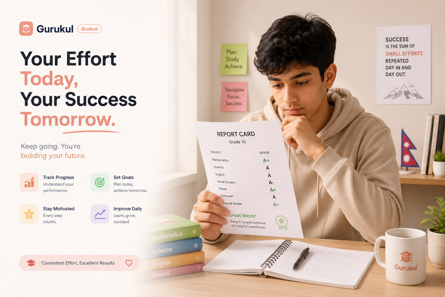 A Nepal student looking at their NEB Grade 11 or 12 report card with letter grades A+, A, B+ - trying to understand what the grades mean for their future