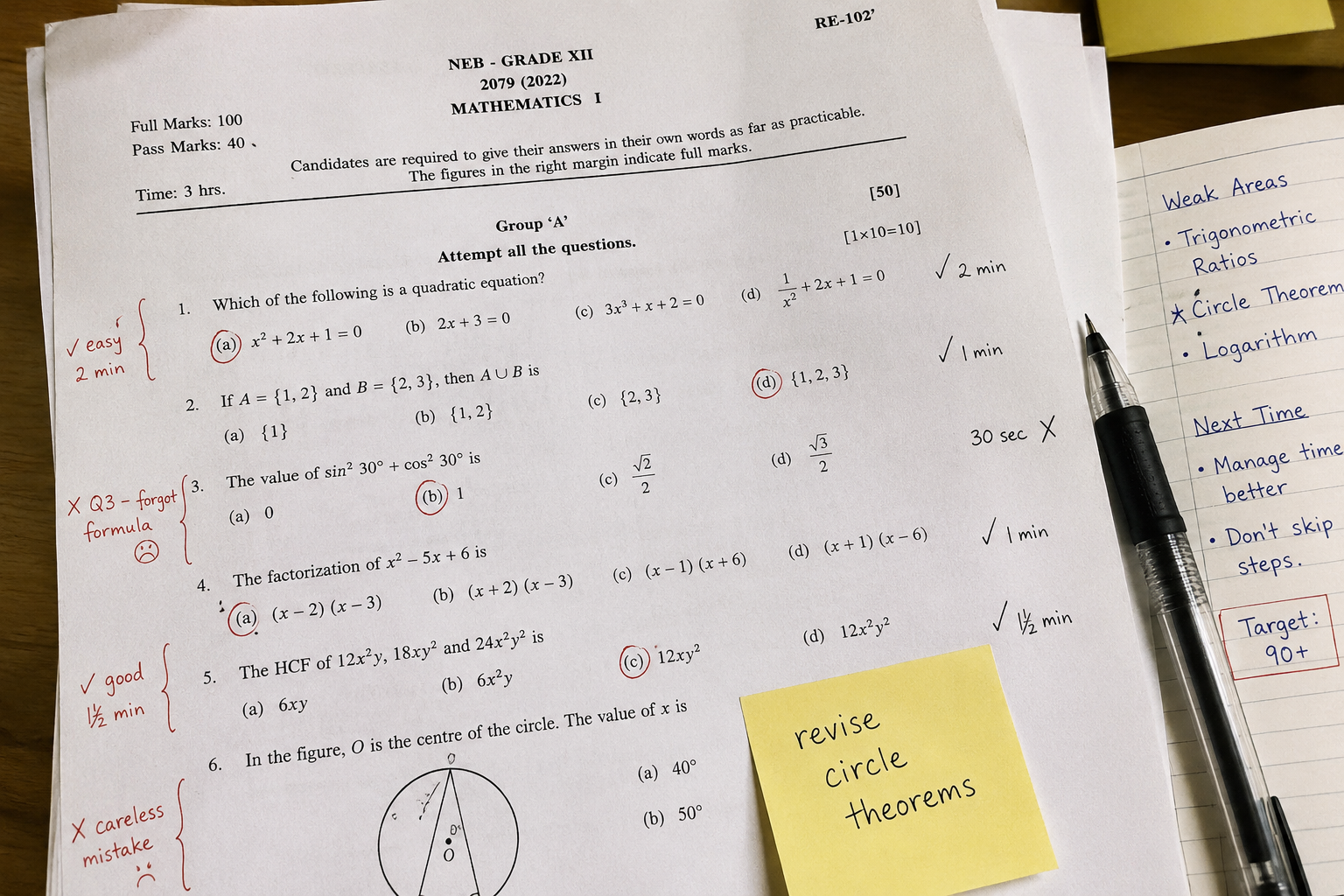 A student's annotated past exam paper with time markers, circled questions that were incorrect, and notes in the margin about what concept each wrong answer relates to - showing systematic past paper analysis