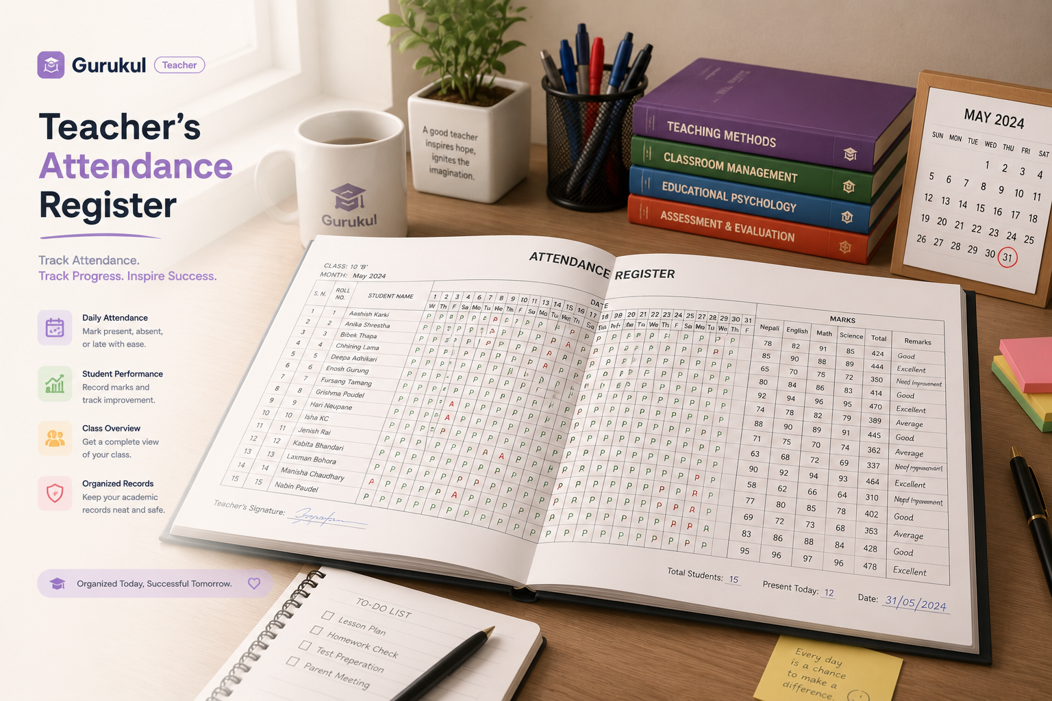A school attendance register open on a teacher's desk in a Nepal classroom, showing a grid of dates and student names with present and absent marks - representing the daily attendance tracking system