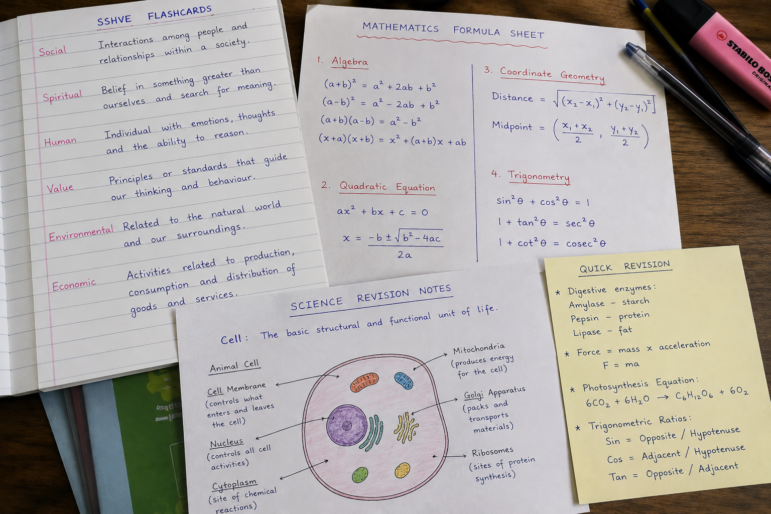 Student's handwritten revision notes organized by subject - SSHVE flashcards with definitions, Maths formula sheet, Science diagram labels - showing an organized study system