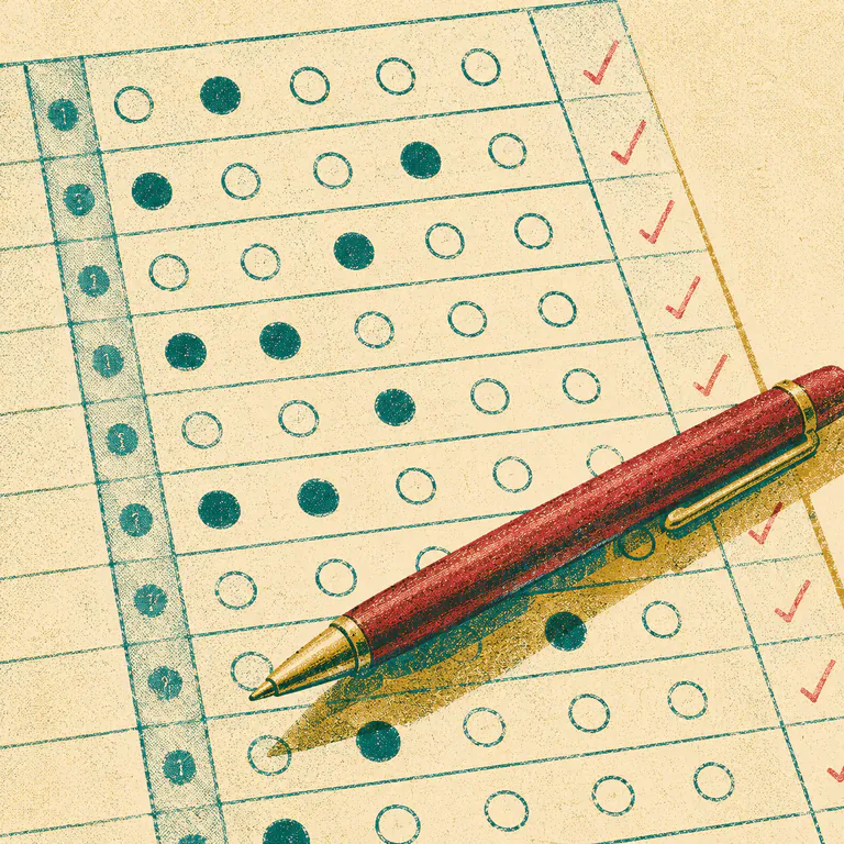 A marked answer sheet with a red pen lying across it