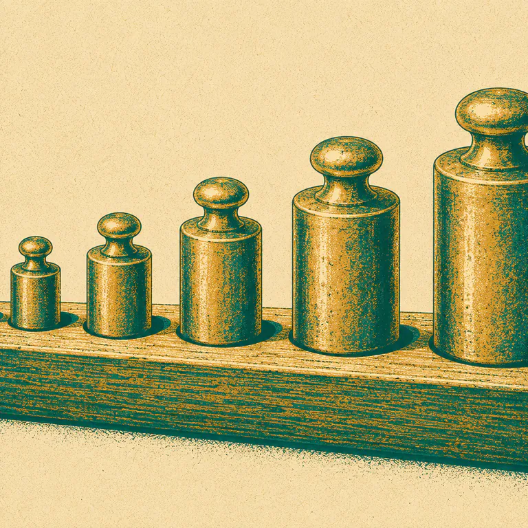A row of brass weights standing in ascending size