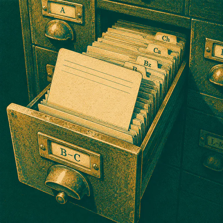 A library card catalogue drawer pulled open, cards fanning up