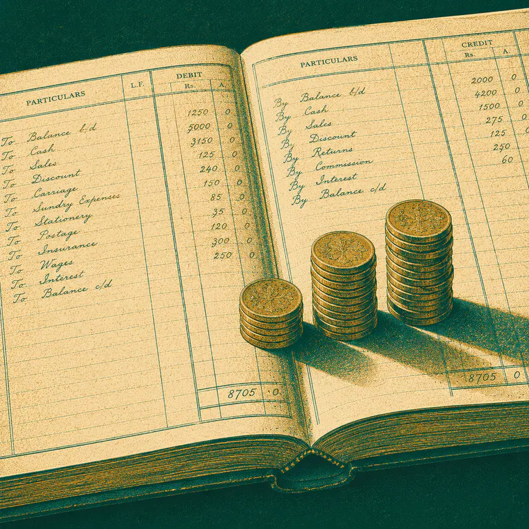 An accounts ledger open flat with stacks of coins beside it