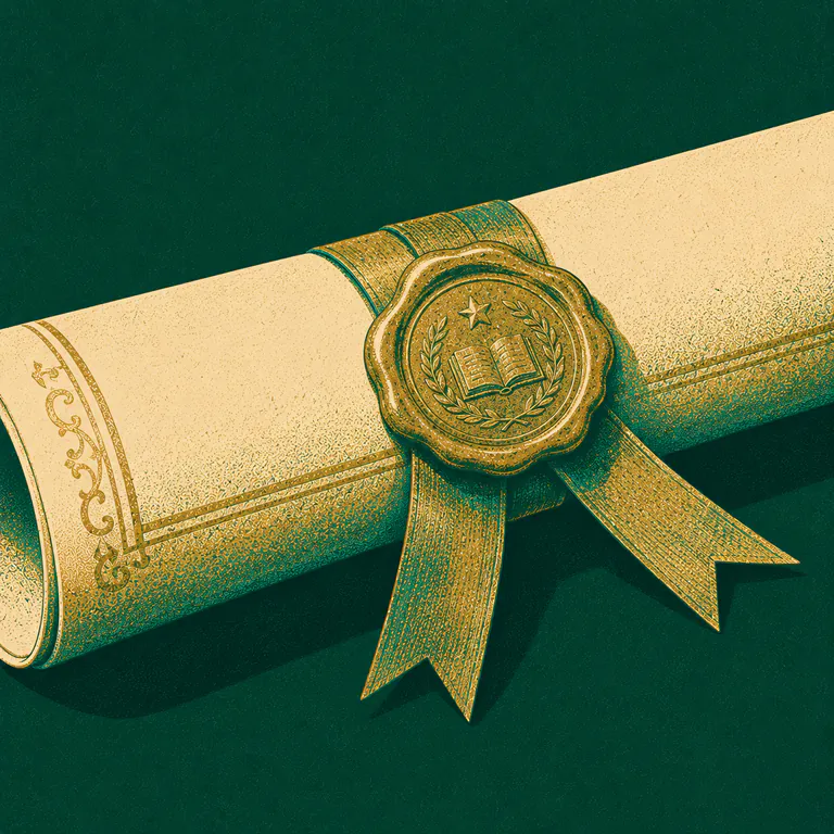 A rolled certificate tied with a ribbon and closed with a wax seal