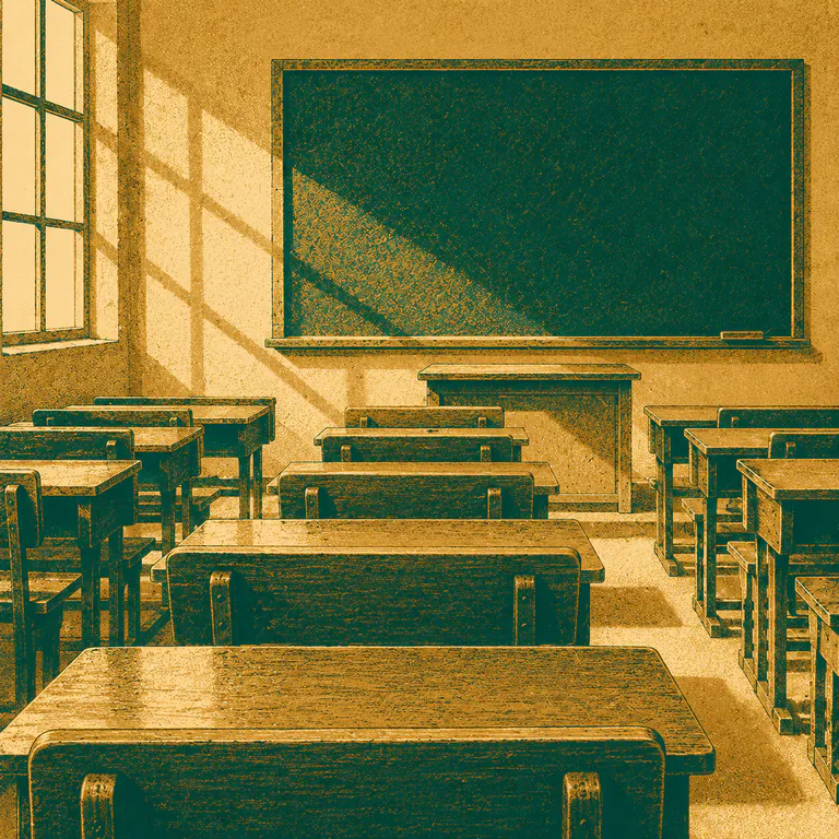 Rows of empty classroom desks facing a blackboard