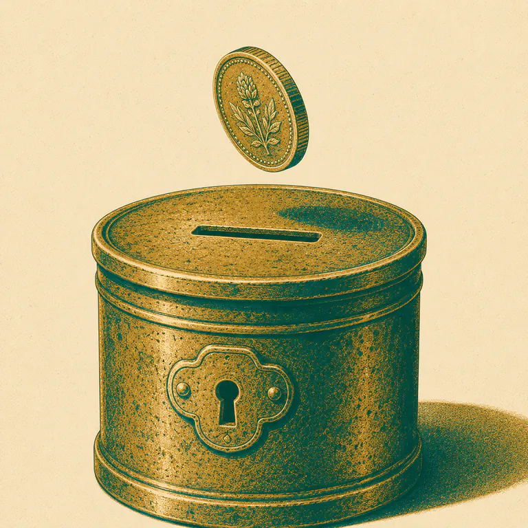 A coin dropping into a small brass money bank
