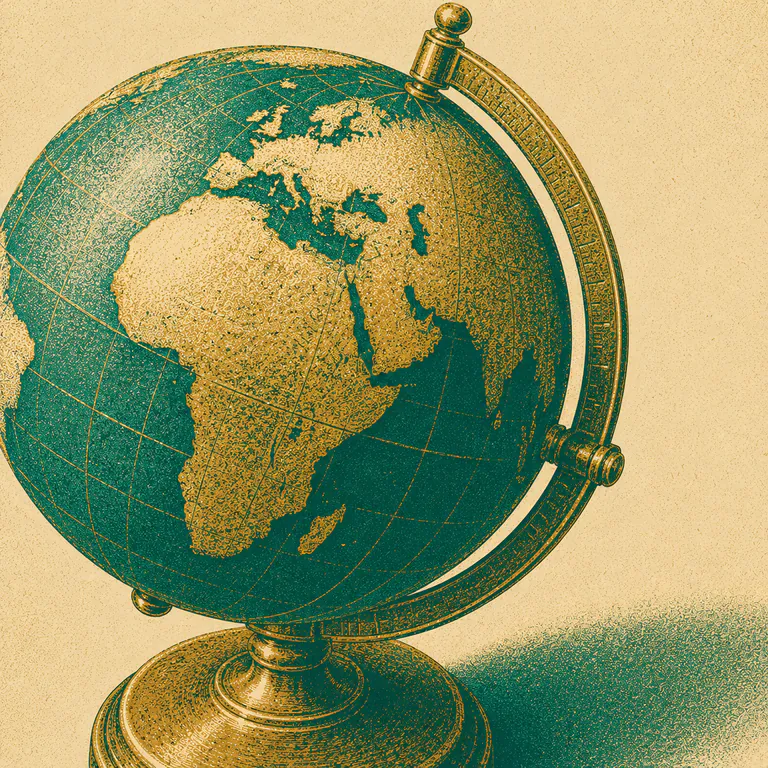 A desk globe turning on a brass meridian stand
