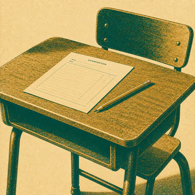 A wooden exam desk with an answer booklet and a pencil on it