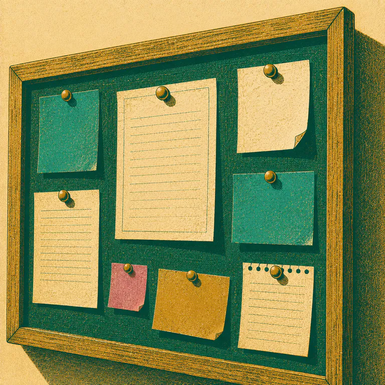 A cork notice board densely pinned with overlapping papers