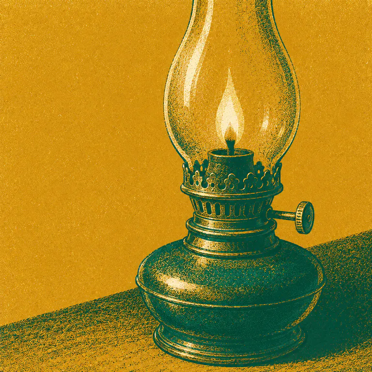 A small brass oil lamp burning with one tall flame