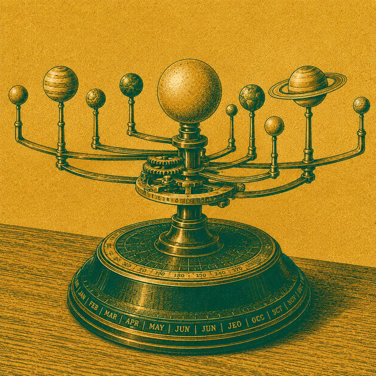 A brass orrery of rings and spheres