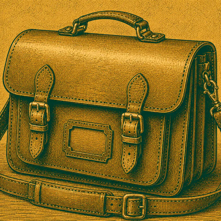 A leather school satchel with brass buckles, one strap undone