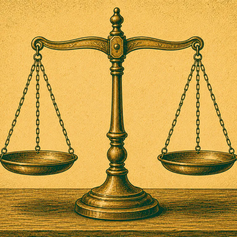 A brass balance scale weighing loose paper against one solid block