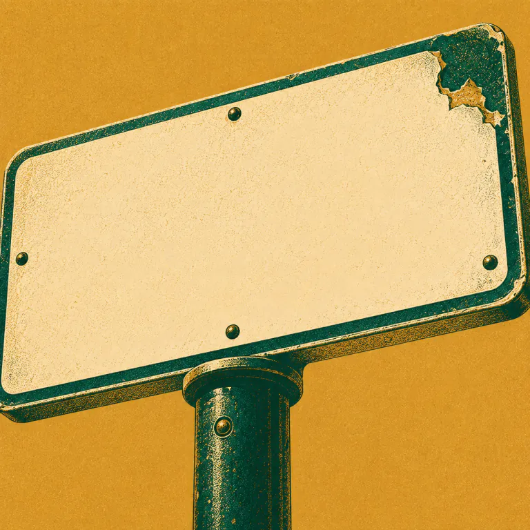 A hand-painted enamel signboard on a post