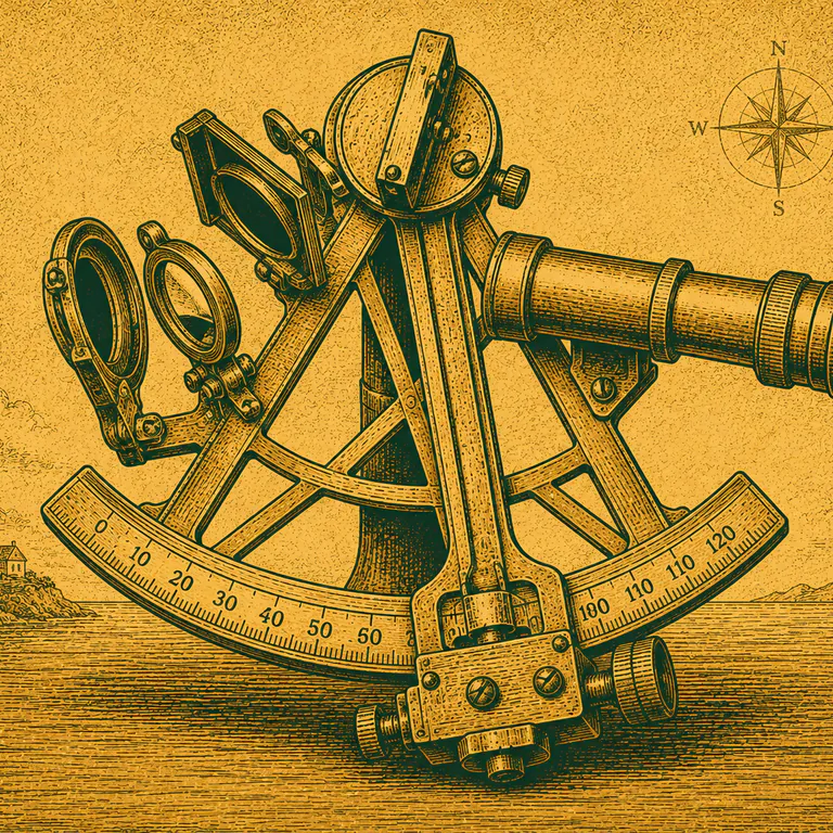 A brass sextant lying with its arc and mirrors catching the light