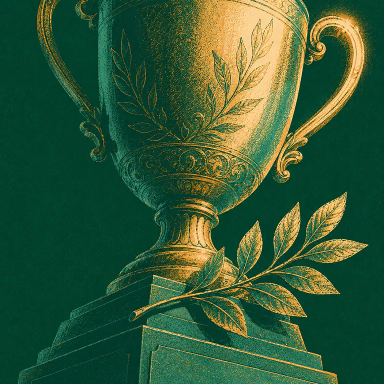 An engraved trophy cup standing on a stepped plinth